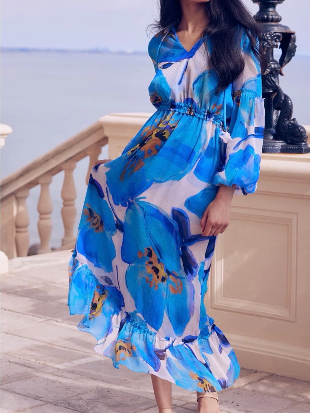 MISA Amata Blue Poppy Floral Maxi Dress Small Boho Chiffon Ruffle Sleeve